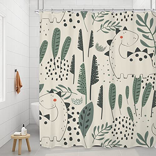 OwkHome Lustiger Dinosaurier-Duschvorhang – 60 X 72 Zoll (B X H) – Süßer Dino, Cartoon-Tiere, Tropische Blätterpflanze, Beigegrün, Wasserdichtes Polyester, 12 Haken(72" W x 72" L (Pack of 1)) von OwkHome