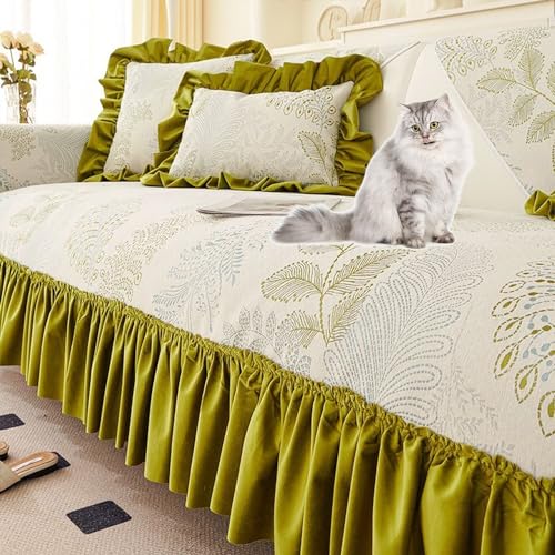 OwkHome Luxuriöser Chenille-Sofabezug Im Vintage-Stil Mit Rock, Rutschfestem Sofabezug, Inklusive Passendem Kissen(Green,(80+20)*120cm) von OwkHome