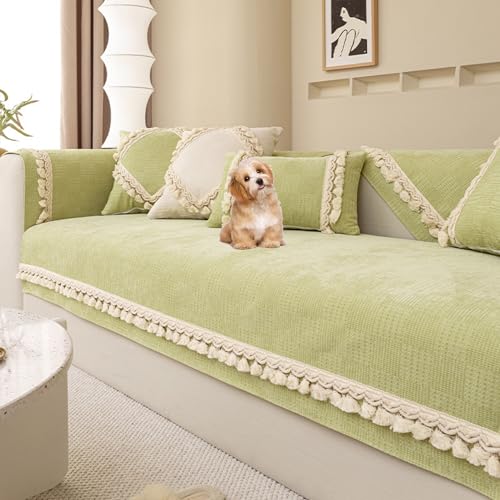 OwkHome Minimalistischer Sofabezug Aus Chenille Mit Fransen, Waschbarer Anti-Rutsch-Schutz for Anbausofas(Green,90 * 210cm/35.4 * 83in) von OwkHome