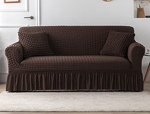 OwkHome Moderner Stretch-Sofabezug Mit Elastischem Rock, Strapazierfähiger Couchbezug, Waschbarer Möbelschutz(Coffee-1,3 Seater(190-230cm)) von OwkHome