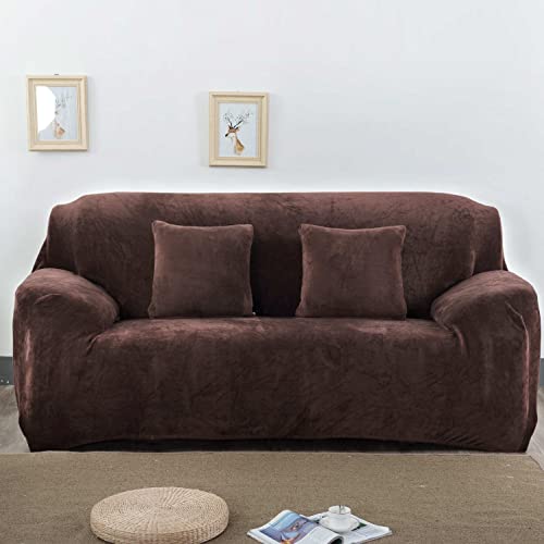 OwkHome Plüsch Dicker Sofabezug Stretch Rutschfester Waschbarer Möbelschutz(Coffee,2 Seater(145-185cm)) von OwkHome