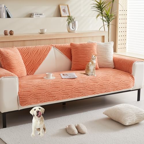 OwkHome Plüsch-Sofabezug, Rutschfester, Haustierbeständiger Schonbezug Mit Kissenbezug, Waschbarer Möbelschutz(Orange,90 * 120cm/35.4 * 47in) von OwkHome