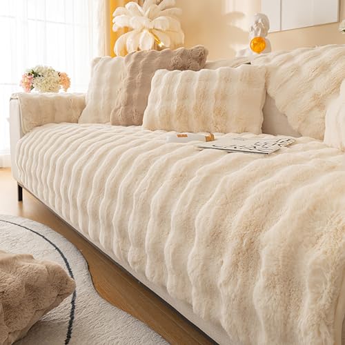 OwkHome Plüsch-Sofabezug Aus Kaninchenfellimitat, rutschfest, Haustierfreundlich, Möbelschutz(Beige,70 * 150cm/27.6 * 59in) von OwkHome