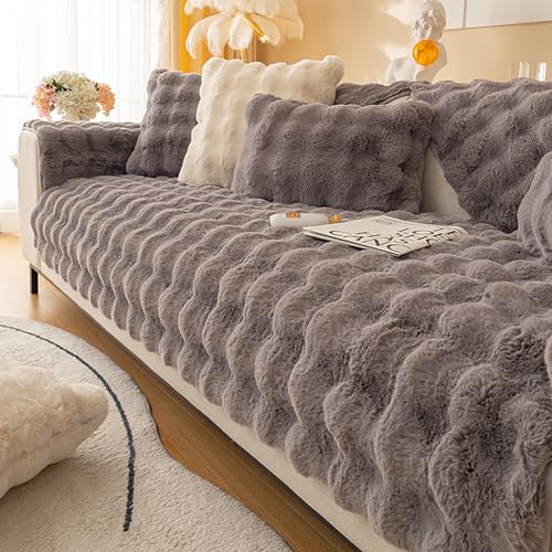 OwkHome Plüsch-Sofabezug Aus Kaninchenfellimitat, rutschfest, Haustierfreundlich, Möbelschutz(Grey,90 * 210cm/35.4 * 83in) von OwkHome