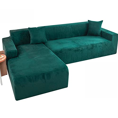 OwkHome Plüsch-Sofabezug Aus Samt, Dehnbar, Mit Kissenbezug, rutschfest, Waschbar, Möbelschutz(Dark Green,4 Seater+4 Seater) von OwkHome