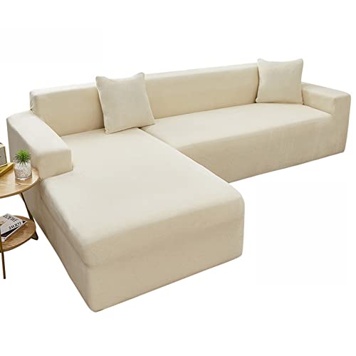 OwkHome Plüsch-Sofabezug Aus Samt Mit Kissenbezug, Maschinenwaschbarer Möbelschutz for Anbausofas(Creamy-White,4 Seater (235-300cm)) von OwkHome