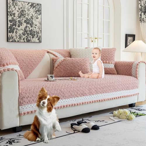 OwkHome Plüsch-Sofabezug In L-Form Mit Rosenmuster, Kratzfester Und Rutschfester Möbelschutz(Pink,70 * 210cm/27.6 * 82.7in) von OwkHome