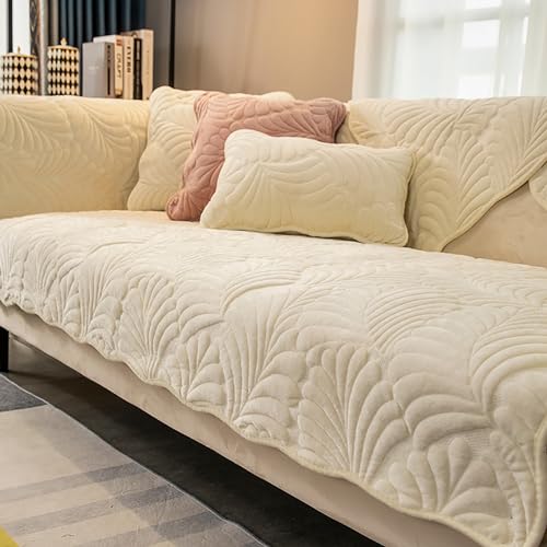 OwkHome Plüsch-Sofabezug Mit 3D-Blattstruktur for Anbausofas, Verdickter, Rutschfester, Haustierfreundlicher Schutz(Beige,90 * 160cm/35.4 * 63in) von OwkHome