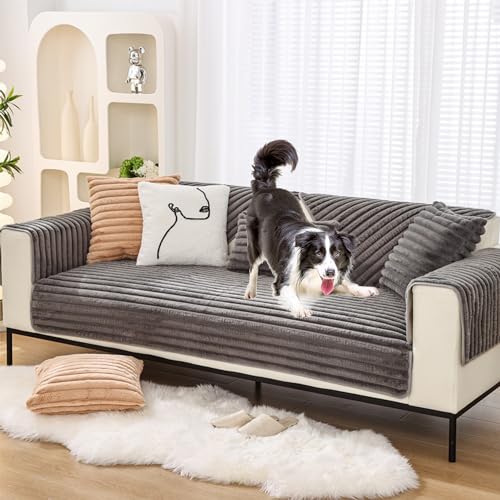 OwkHome Plüsch-Sofabezug Mit 3D-Streifen for Sektionssofas, Rutschfester Schonbezug for 2-4-Sitzer-Sofas In L-Form, Waschbarer Möbelschutz(Grey,110 * 110cm/43 * 43in) von OwkHome