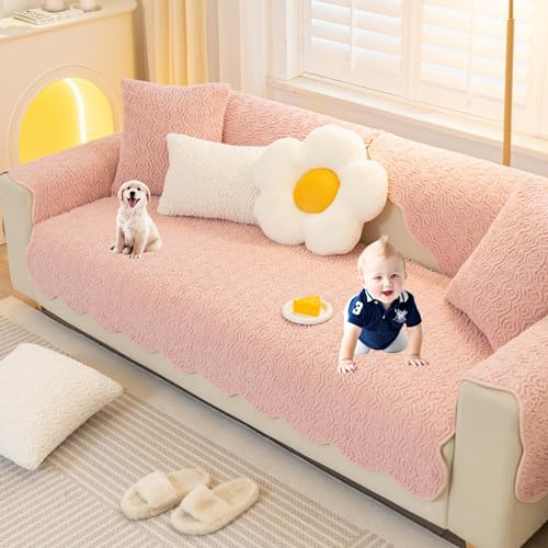 OwkHome Plüsch-Sofabezug Mit Wellendesign for Sektionssofas, Verdickter, Rutschfester Schonbezug, Universeller Möbelschutz(Pink,110 * 180cm/43 * 71in) von OwkHome