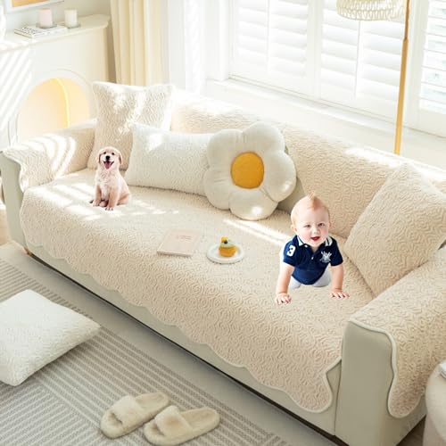 OwkHome Plüsch-Sofabezug Mit Wellenmuster – Rutschfester, Waschbarer Schonbezug for L-/U-förmige Sofas(Beige,110 * 210cm/43 * 83in) von OwkHome