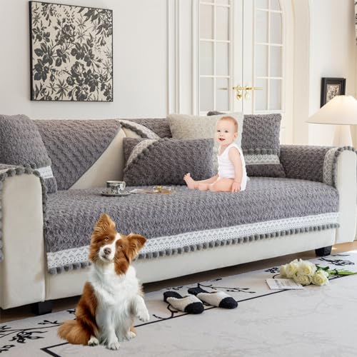 OwkHome Plüschiger L-förmiger Sofabezug for 3-Sitzer, Kratzfester, Waschbarer Sofaschutz Mit Rutschfester Rückseite, Weicher, Beiger Bezug(Grey,90 * 210cm/35.4 * 83in) von OwkHome