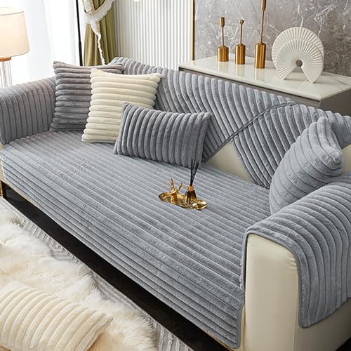 OwkHome Plüschiger Sofabezug Aus Kunstfell Mit 3D-Streifen, Rutschfester Schnittbezug for L-förmige Sofas(Grey,90 * 280cm/35.4 * 110in) von OwkHome