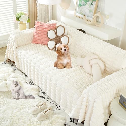 OwkHome Plüschiger Sofabezug In L-Form, rutschfest, Waschbar, Schnittschutz(Beige,180 * 360cm/71 * 141.7in) von OwkHome