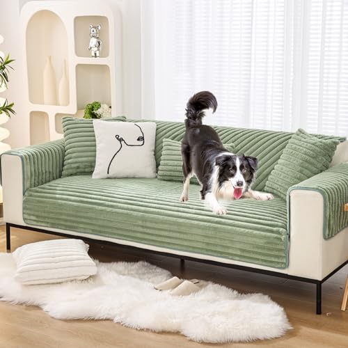 OwkHome Plüschiger Sofabezug Mit 3D-Streifen, Rutschfester Schnittbezug for 2-4-Sitzer-Couches In L-Form(Green,70 * 70cm/27.6 * 27.6in) von OwkHome