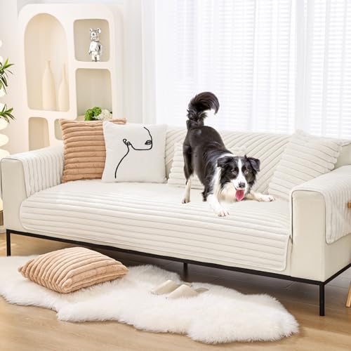OwkHome Plüschiger Sofabezug Mit 3D-Streifen, Rutschfester Schnittbezug for 2-4-Sitzer-Couches In L-Form(White,70 * 90cm/27.6 * 35.4in) von OwkHome