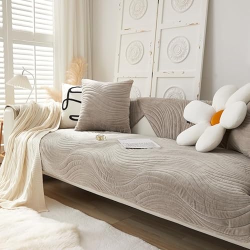OwkHome Plüschsamt-Sofabezug, rutschfest, Waschbar, L-Form, Gestreiftes Design(Graya,70 * 210cm/27.6 * 82.7in) von OwkHome