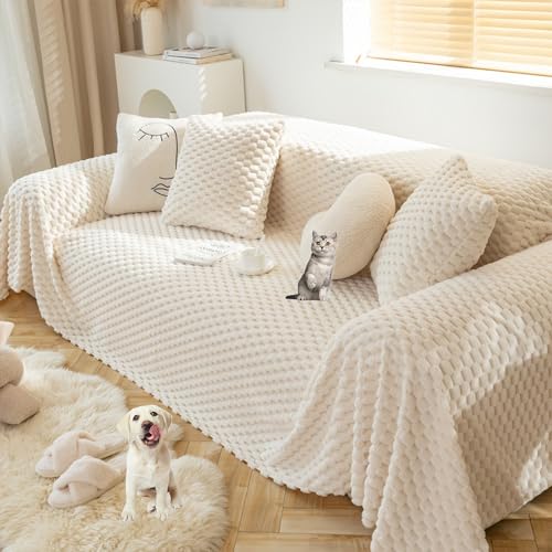 OwkHome Plüschsofabezug for 3-Sitzer-Sofagarnitur, Rutschfester, Haustierbeständiger Möbelschutz-Schonbezug(Beige,180 * 230cm/71 * 90.5in) von OwkHome