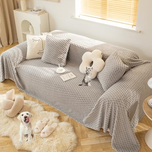 OwkHome Plüschsofabezug for 3-Sitzer-Sofagarnitur, Rutschfester, Haustierbeständiger Möbelschutz-Schonbezug(Grey,180 * 300cm/71 * 118in) von OwkHome