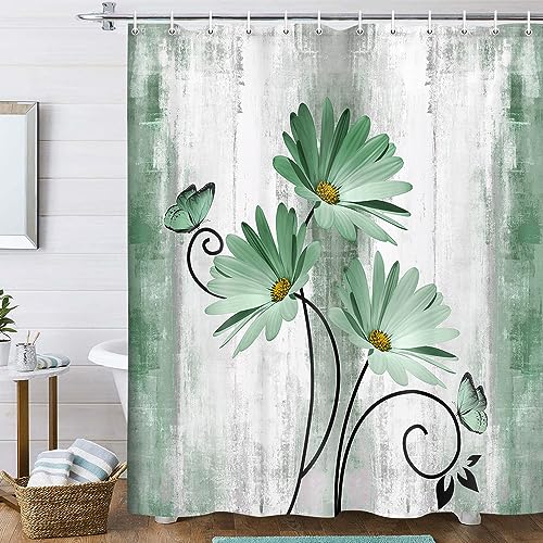OwkHome Rustikaler Duschvorhang Im Bauernhaus-Stil Mit Türkisblauem Gänseblümchenmuster Und 12 Haken, 178 X 178 cm(Green,70" W x 75" L (Pack of 1)) von OwkHome