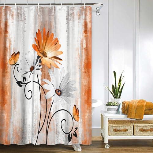 OwkHome Rustikaler Duschvorhang Im Bauernhaus-Stil Mit Türkisblauem Gänseblümchenmuster Und 12 Haken, 178 X 178 cm(Orange,48" W x 70" L (Pack of 1)) von OwkHome
