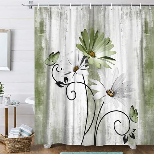 OwkHome Rustikaler Duschvorhang Im Bauernhaus-Stil Mit Türkisblauem Gänseblümchenmuster Und 12 Haken, 178 X 178 cm(Sage Green,70" W x 75" L (Pack of 1)) von OwkHome