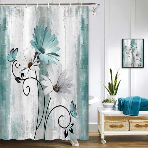 OwkHome Rustikaler Duschvorhang Im Bauernhaus-Stil Mit Türkisblauem Gänseblümchenmuster Und 12 Haken, 178 X 178 cm(Teal,48" W x 70" L (Pack of 1)) von OwkHome
