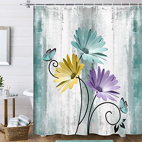 OwkHome Rustikaler Duschvorhang Im Bauernhaus-Stil Mit Türkisblauem Gänseblümchenmuster Und 12 Haken, 178 X 178 cm(Teal-02,70" W x 70" L (Pack of 1)) von OwkHome