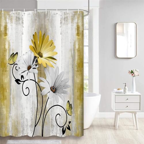 OwkHome Rustikaler Duschvorhang Im Bauernhaus-Stil Mit Türkisblauem Gänseblümchenmuster Und 12 Haken, 178 X 178 cm(Yellow,48" W x 70" L (Pack of 1)) von OwkHome