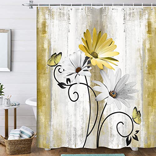 OwkHome Rustikaler Duschvorhang Im Bauernhaus-Stil Mit Türkisblauem Gänseblümchenmuster Und 12 Haken, 178 X 178 cm(Yellow,70" W x 84" L (Pack of 1)) von OwkHome