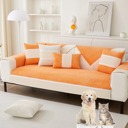 OwkHome Rutschfester Sofabezug Aus Cord-Patchwork for Anbausofas, Haustierfreundlicher, Waschbarer Möbelschutz(Orange,90 * 210cm/35.4 * 83in) von OwkHome