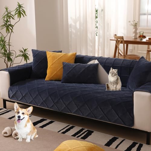 OwkHome Rutschfester Sofabezug Aus Samt Mit Rautenmuster for Anbausofas, Haustierresistenter Möbelschutz(Navy,70 * 120cm/27.6 * 47in) von OwkHome