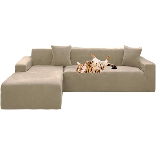 OwkHome Samt 2-teilig L-förmiger Sofabezug Stretch Chaiselongue-Bezug(Khaki,4+3 Seater) von OwkHome