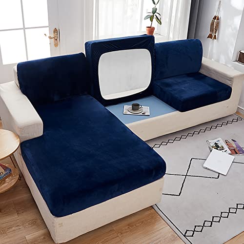 OwkHome Samt-Stretch-Kissenbezug, Rutschfester Möbelschutz for Sofasitze(Navy Blue,L-4 Seater) von OwkHome