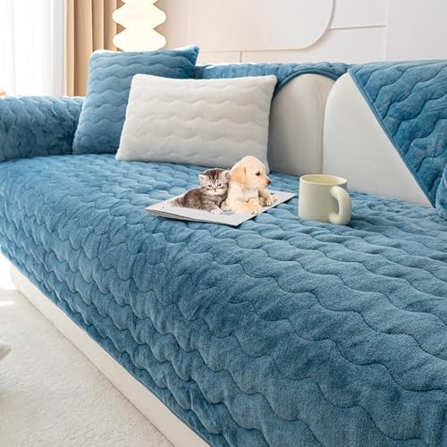 OwkHome Samtsofabezug Mit Rutschfester Unterseite, Waschbarer Sofabezug for Sitzgruppen, Haustierfreundlich(Blue,90 * 180cm/35.4 * 71in) von OwkHome