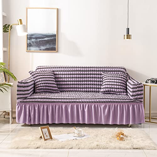 OwkHome Seersucker-Sofabezug Mit Elegantem Rock, 3D-Stretch-Möbelschutz, Schonbezug(Purple,3 Seater(190-230cm)) von OwkHome