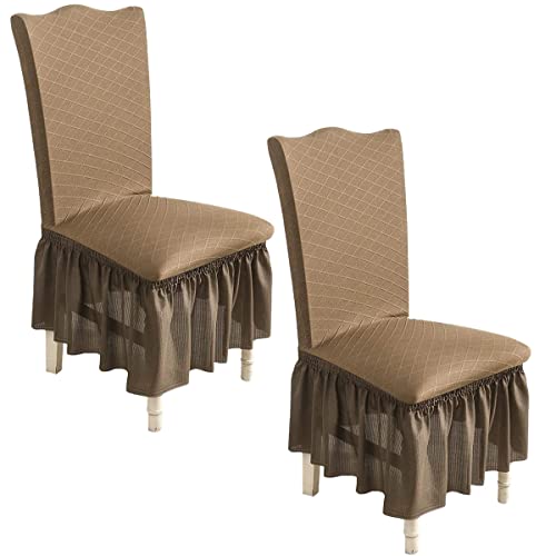 OwkHome Seersucker Stretch-Stuhlhussen Mit Rock, Waschbar, 2er-Set(Coffee,4 Pieces) von OwkHome