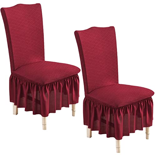 OwkHome Seersucker Stretch-Stuhlhussen Mit Rock, Waschbar, 2er-Set(Red,2 Pieces) von OwkHome