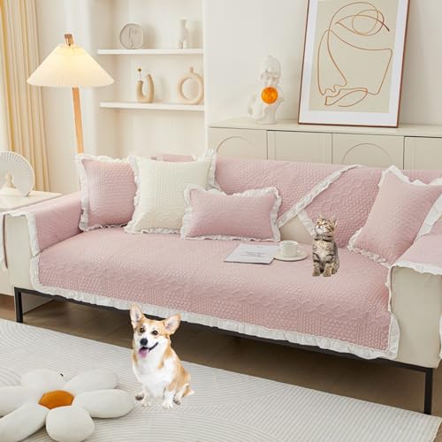 OwkHome Sofabezug Aus Baumwoll-Jacquard for 2-4-Sitzer-Couches, Rutschfester, Waschbarer Möbelschutz(Pink,110 * 240cm/43 * 94.5in) von OwkHome