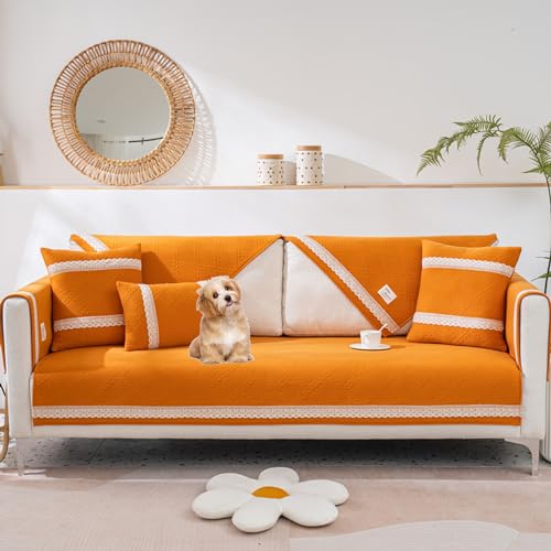 OwkHome Sofabezug Aus Baumwolle, rutschfest, Waschbar, Möbelschutz(Orange,110 * 210cm/43 * 83in) von OwkHome