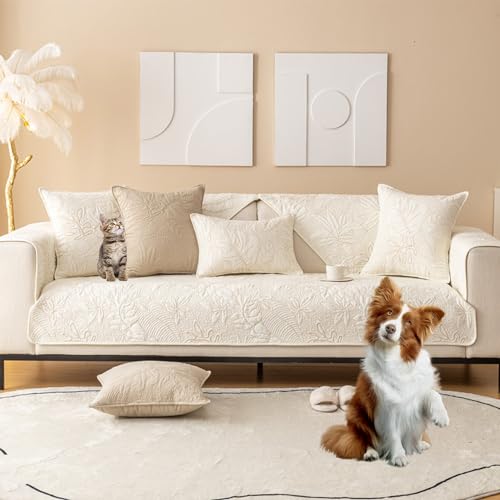 OwkHome Sofabezug Aus Baumwolle Mit Blattmuster Und Jacquardmuster for Anbausofas Mit Rutschfestem Design, Passend for 2–4 Kissen In L-/U-Form(White,110 * 180cm/43 * 71in) von OwkHome