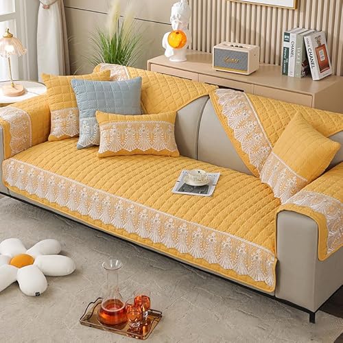 OwkHome Sofabezug Aus Baumwolle Mit Spitzenbesatz, Rutschfester Sofabezug, Waschbarer Möbelschutzbezug for Haustiere(Yellow,70 * 210cm/27.6 * 82.7in) von OwkHome