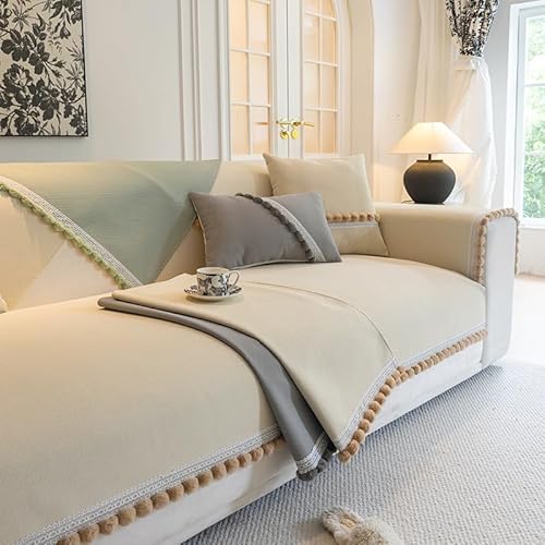 OwkHome Sofabezug Aus Chenille Mit Spitzenbesatz, rutschfest, Waschbar, Haustierfreundlich, for Alle Jahreszeiten(Beige,90 * 90cm/35.4 * 35.4in) von OwkHome