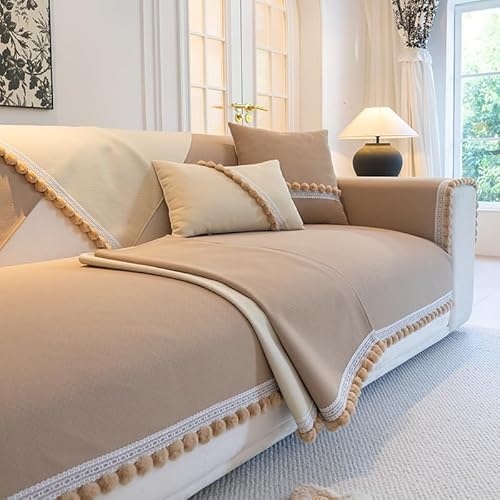 OwkHome Sofabezug Aus Chenille Mit Spitzenbesatz, rutschfest, Waschbar, Möbelschutz for Haustiere(Khaki,110 * 160cm/43.3 * 63in) von OwkHome