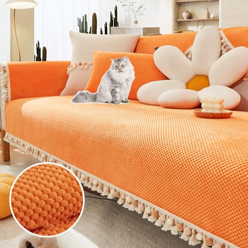 OwkHome Sofabezug Aus Cord Mit Fransen for Sektionssofas, Verdickter, Rutschfester Schonbezug, Möbelschutz for Den Winter(Orange,90 * 240cm/35.4 * 94.5in) von OwkHome