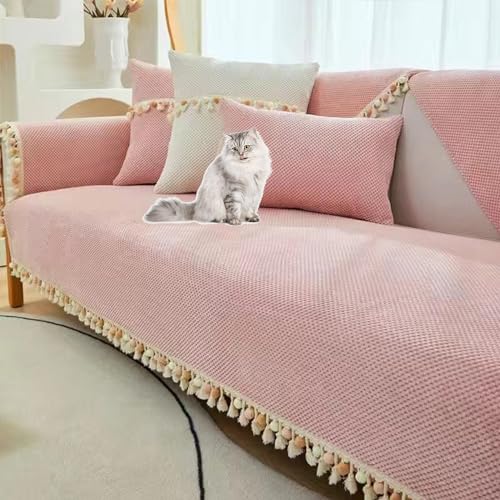 OwkHome Sofabezug Aus Cord Mit Fransen for Sektionssofas, Verdickter, Rutschfester Schonbezug, Möbelschutz for Den Winter(Pink,90 * 240cm/35.4 * 94.5in) von OwkHome