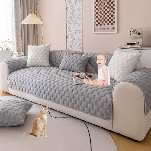 OwkHome Sofabezug Aus Kaninchenfell In L-Form, Weicher, Flauschiger Sofabezug Aus Plüsch Mit Rutschfestem Griff, Möbelschutz for Haustiere, Weiß(Grey,90 * 240cm/35.4 * 94.5in) von OwkHome