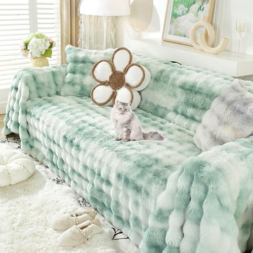 OwkHome Sofabezug Aus Kaninchenfell-Kunstfell for Anbausofas, Rutschfester Plüsch-Schonbezug for 3-Sitz-Sofas(Green,180 * 380cm/71 * 149.6in) von OwkHome