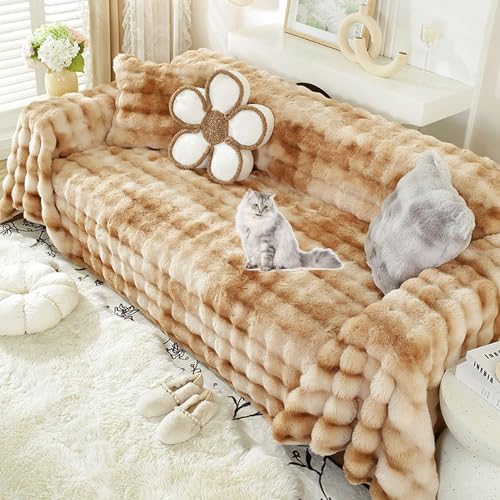 OwkHome Sofabezug Aus Kaninchenfellimitat for Sofagarnituren, Rutschfester, Waschbarer Möbelschutz Aus Plüsch(Khaki,180 * 360cm/71 * 141.7in) von OwkHome