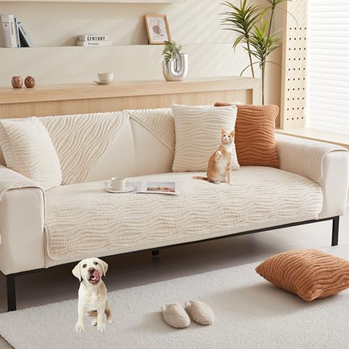 OwkHome Sofabezug Aus Kunstfell In L-Form, rutschfest, Plüsch, Waschbar, Haustierbeständig(Beigec,90 * 180cm/35.4 * 71in) von OwkHome